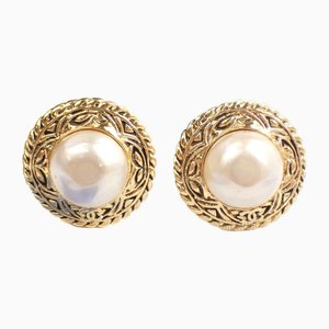 Fake Pearl Engraved Gp Gold Earrings from Chanel, Set of 2
