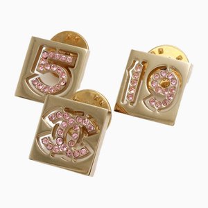 Square Cocomark No.5 No.19 Pin Badge Brooch in Rhinestone GP Gold Pink from Chanel, Set of 3