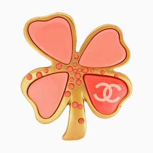 CHANEL brooch here mark metal gold pink clover