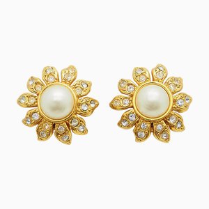 Chanel Pearl Stone Flower Earrings Ladies 97P Gold Fake Rhinestone, Set of 2
