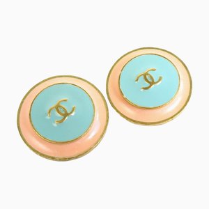 Chanel Earrings Cocomark Metal/Enamel Gold/Blue/Pink Beige Women's, Set of 2