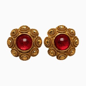 Chanel Colored Stone Flower Motif Earrings Gold Red Plated Resin Women's, Set of 2