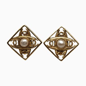 Chanel Cocomark Fake Pearl Earrings Gold White Plated Women's, Set of 2