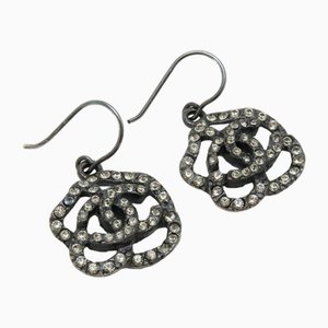Camellia Motif Coco Mark Hook Earrings GP in Rhinestone Black Clear from Chanel, Set of 2