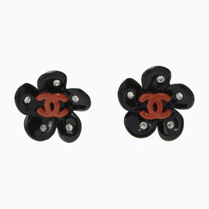Coco Mark Gold 04P Black Flower Rhinestone Plated Earrings from Chanel, Set of 2