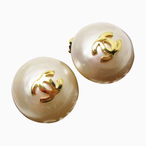 Coco Mark Fake Pearl & Metal Off-White & Gold Earrings from Chanel, Set of 2