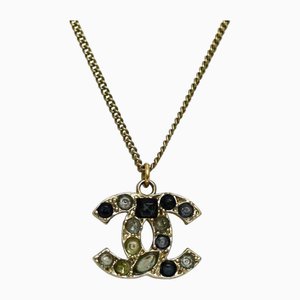 Gold Navy Blue Coco Mark Rhinestone Necklace from Chanel