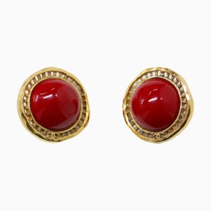 Chanel Earrings Red Gold Color Stone Metal Combination Here Mark Vintage Vintage, Set of 2