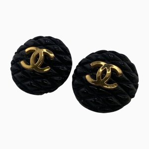 Boucles d'Oreilles Rondes 93a Coco Mark Matelasse Dames Noires de Chanel, Set de 2