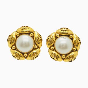 94A Coco Mark Pearl Flower Earrings in Gold Pentagon from Chanel, 1994, Set of 2