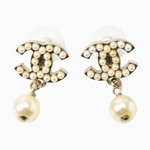 Chanel Earrings Cc Motif Here Mark Swing Pearl Gold White, Set of 2