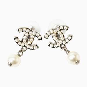 Chanel Earrings Cc Motif Here Mark Swing Pearl Silver White, Set of 2