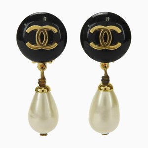 Coco Mark 95A Black Gold Fake Pearl Swing Plated Black Earrings from Chanel, 1995, Set of 2