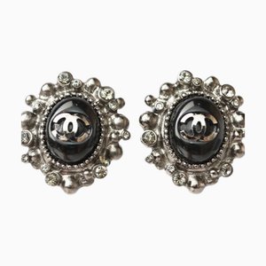 Chanel Earrings Coco Mark Cc Rhinestone Gunmetal Black, Set of 2