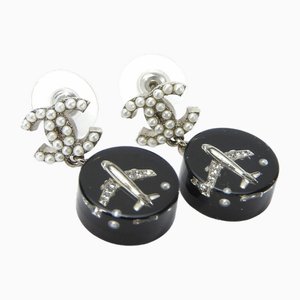 Earrings Silver Plated 16s Black Here Mark Airplane Fake Pearl from Chanel, Set of 2