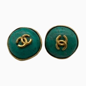 Chanel Earrings Vintage Gold Metal Fittings Turquoise Blue Logo, Set of 2
