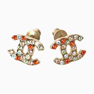 Chanel Earrings Coco Mark Cc Gold Red Multi Rhinestone, Set of 2