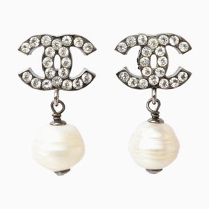 Chanel Earrings Cc Motif Here Mark Swing Pearl Silver White, Set of 2