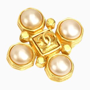 Brooch Coco Mark in Metal/Fake Pearl Gold/Off White Womens from Chanel