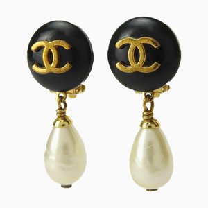 Chanel Earrings Coco Mark 96A Black Gold Fake Pearl Swing Plated Accessories Women's Black, Set of 2