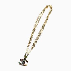 Collar de cadena doble disfraz de diamantes de imitación Coco Mark de color dorado con perla 05P de Chanel