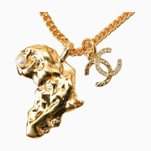 CHANEL Necklace Pendant Chain Women's Men's African Motif Coco Mark CC Rhinestone Gold