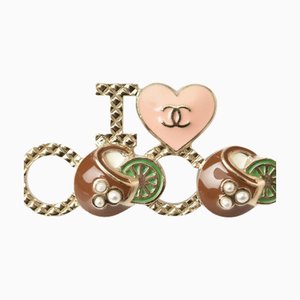 Pin's Badge I Love Coco Heart Motif en Or et Marron de Chanel