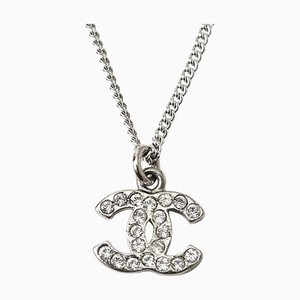 CHANEL Collier Pendentif Coco Mark CC Strass Argent Blanc