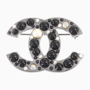 Coco Mark Fake Pearl Brooch Silver Black 03A from Chanel