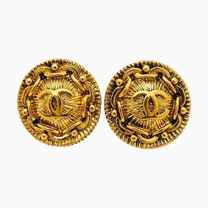 Vintage Round Coco Earrings in Gold Chain Pattern from Chanel, 1997, Set of 2