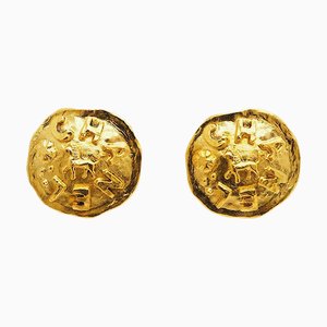 Chanel 2 3 Vintage Logo Lion Earrings Gold Round Type, Set of 2