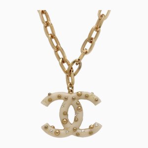 Coco Mark Chain Necklace Pendant Gp Plastic Studs Rhinestone Ivory Gold 06A from Chanel