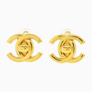 Vintage Coco Mark Turnlock Earrings Gold 96a from Chanel, Set of 2