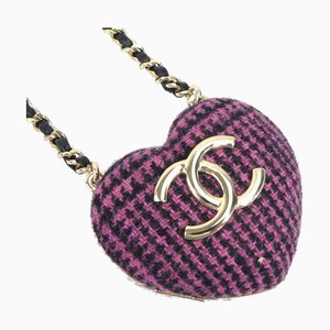 CHANEL Halskette Medaillon Anhänger Tweed/Leder/Metall Rosa x Schwarz Gold Damen AB9485