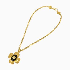 CHANEL Stone Coco Mark 96A Gold Chain Necklace Black 0055