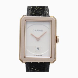 Boyfriend Tweedy Armbanduhr aus Quarzweißem Opal & Weißem Ledergürtel von Chanel