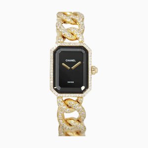 CHANEL Premiere L tamaño H0114 Reloj de mujer con diamantes genuinos Esfera negra K18YG Cuarzo macizo en oro amarillo