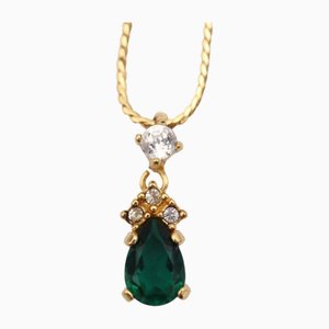 Halskette aus Metall Strass Gold, Grün, Kristallklarer Stein Anhänger von Christian Dior
