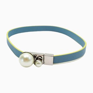Blue & Yellow Silver Chocker in Pearl White Leather & Metal by Christian Dior