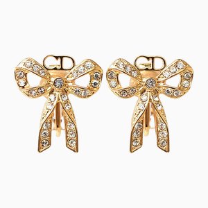 Ribbon Motif Rhinestone Gold Earrings by Christian Dior, Set of 2
