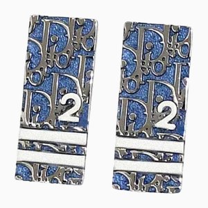 Blue White Silver Trotter Metal Plate Earrings by Christian Dior, Set of 2
