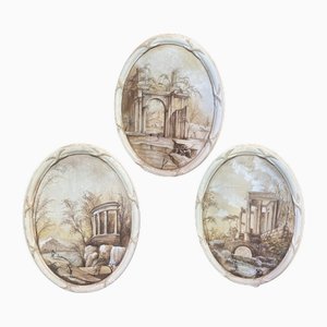 Italian Artist, Grisaille Compositions, Oil on Oval Canvases, 1800s, Set of 3