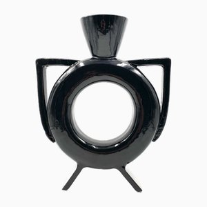 Vaso organico moderno in ceramica nera, anni '80
