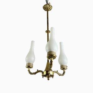 Mid-Century 3-Light Chandelier in Brass and Opaline Glass in the style of Stilnovo, 1950s