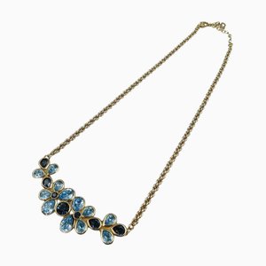CHRISTIAN DIOR Flower Motif Metal Rhinestone Gold Light Blue Necklace