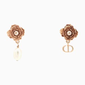 Christian Dior Dior Earrings E2831Womrs Pink Gold Color Fake Pearl Metal Ear Asymmetric Flower Motif Signature Women's Christian, Set of 2