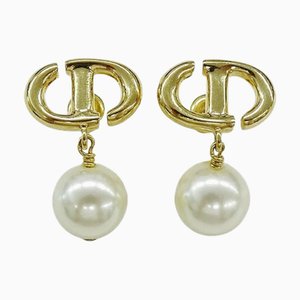 Christian Dior Earrings Women's Brand Metal Resin Pearl Cd Navy Gold White Logo For Both Ears, Set of 2