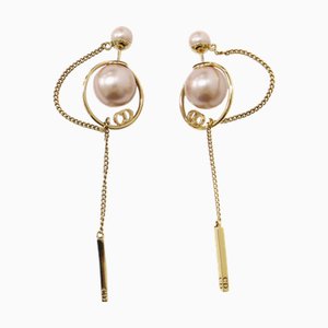 Christian Dior Earrings Gold Pink Tribal Fake Pearl Cd Chain Women's, Set of 2