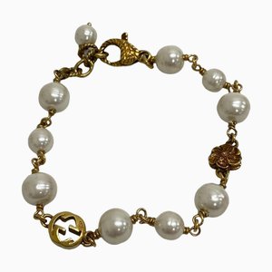 GUCCI Interlocking G Fake Pearl Flower Bracelet Gold Ladies