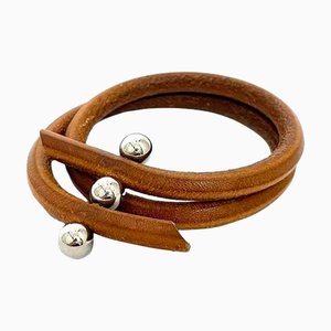 Bracelet Roulette Hill Marron Argenté 3 Boules Cuir Métal Double Dames de Hermes